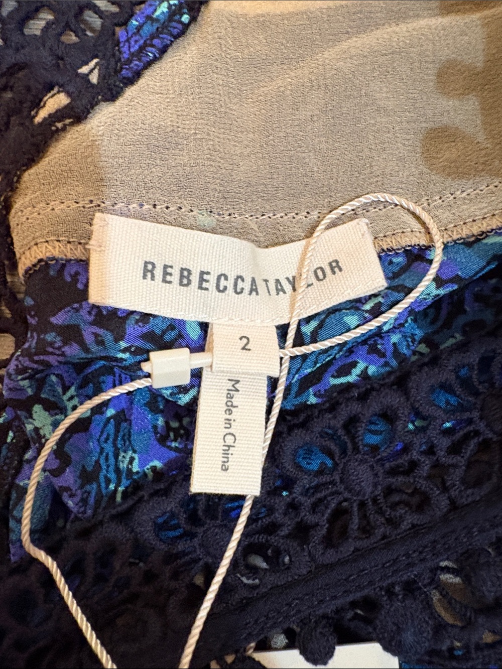 NWT Rebecca Taylor Blue Floral Printed Black Crochet Lace-Pom PomTrim 100% Silk - Picture 12 of 13